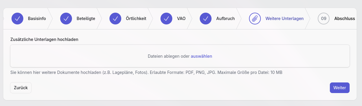 Screenshot: Schritt "Weitere Unterlagen" im Antragswizard