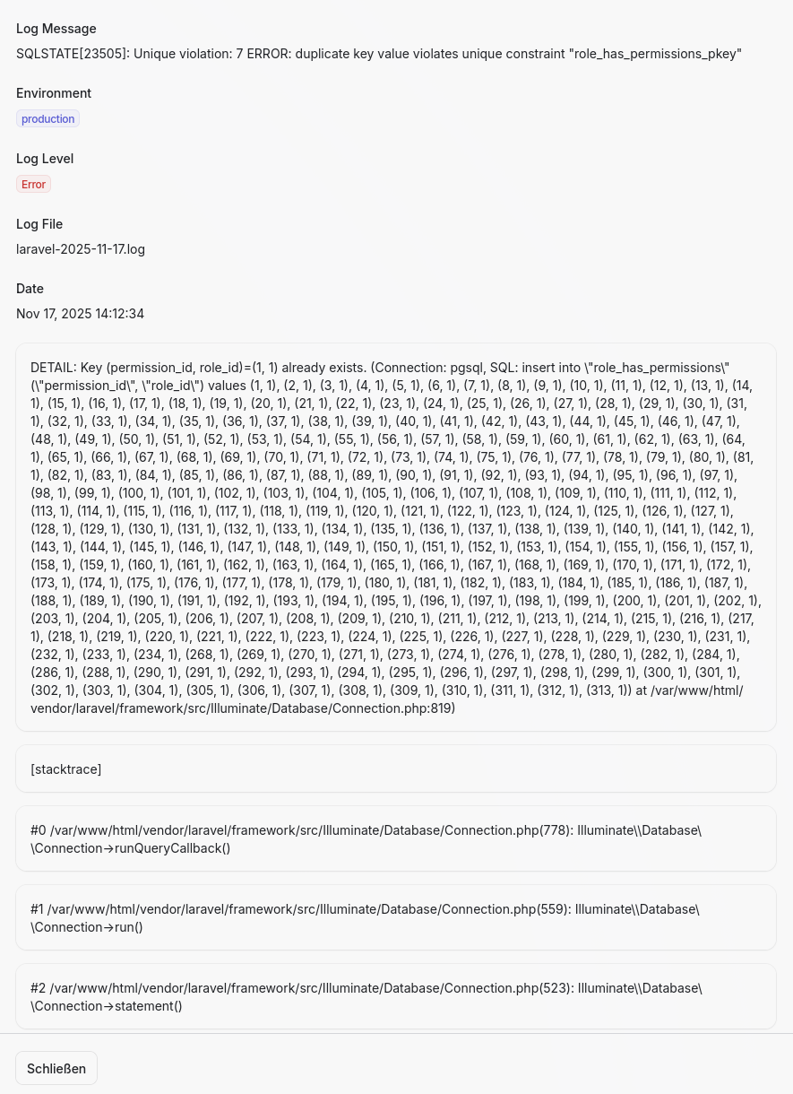 Screenshot: Stack Trace in der Detailansicht