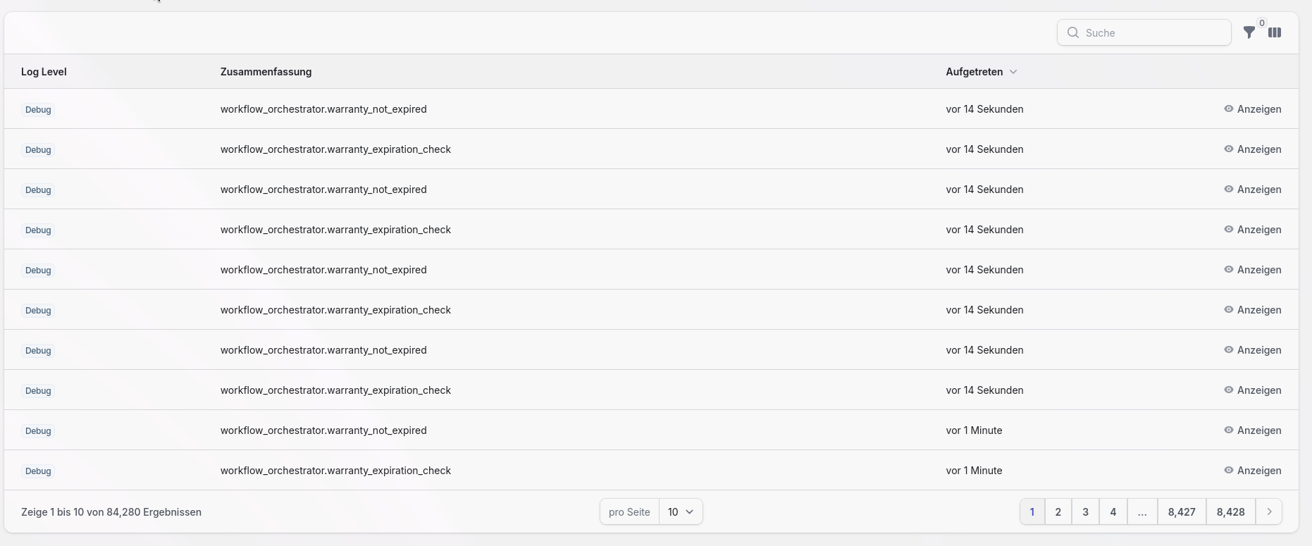 Screenshot: Log-Viewer Tabellenübersicht